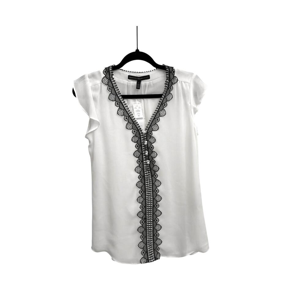 NWT White House Black Market Ecru Feminine Flowy Lace Trim Blouse Size 2